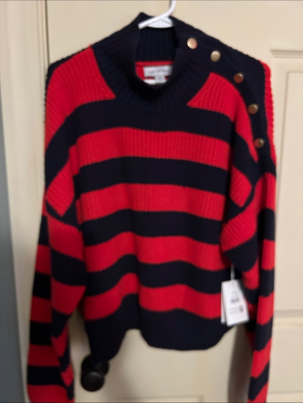 Free Assembly Women’s Striped Red & Navy Button-Shoulder Women's Sweater